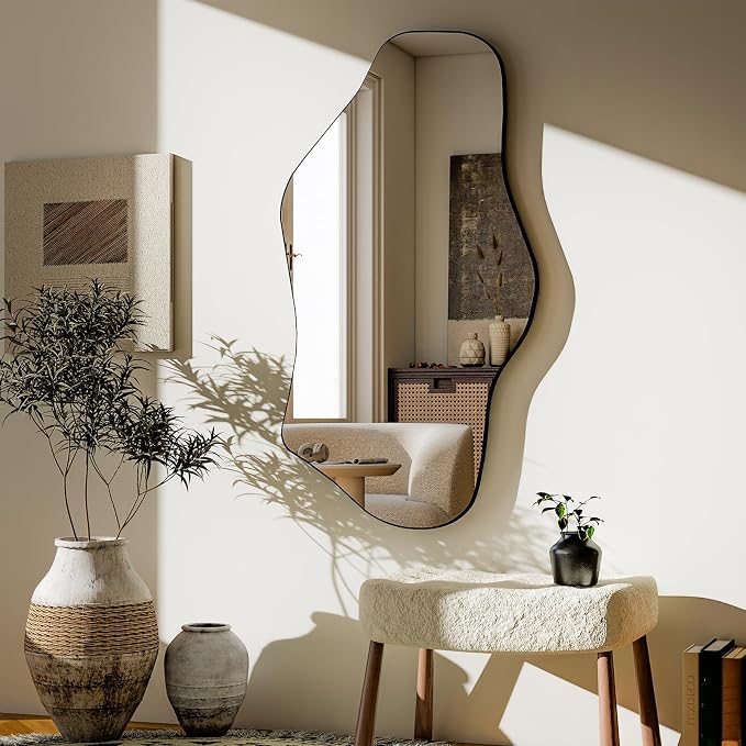 GLSLAND Irregular Wall Mirror 20"x40" - Frameless Wavy Bathroom Mirror with Asymmetrical Edge, Wall Mirrors Decorative for Bedroom, Living Room, Hallway