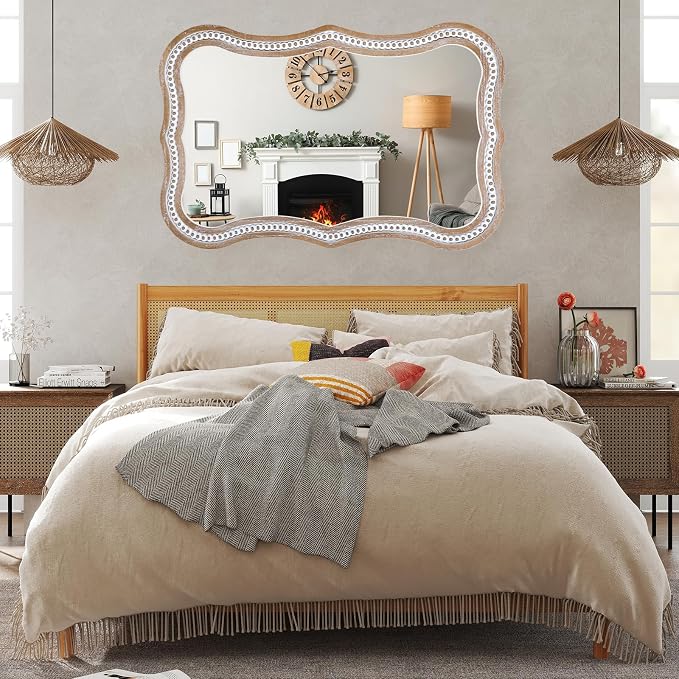 35x24 Inch Wavy Wooden Frame Mirror for Bathroom Over Sink, Rustic Farmhouse Decorative Mirrors for Wall, Entryway, Living Room, Bedroom (Vertical/Horizontal)