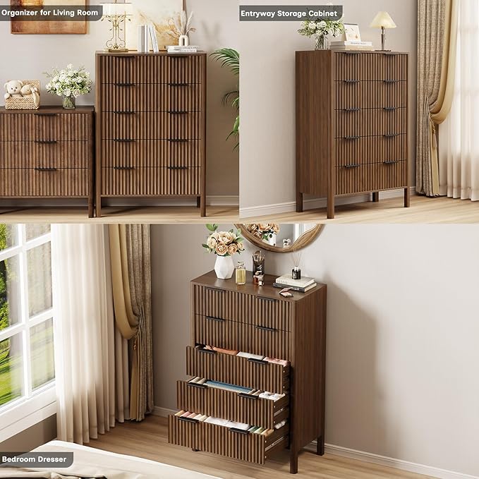47" Tall Dressers for Bedroom Fluted 5 Drawer Dresser, Wooden Dresser Modern Chest of Drawers Dressers with Organizer Storage for Bedroom, Living Room, Entryway, Walnut