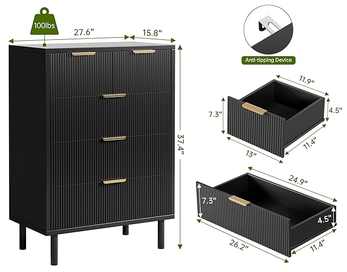 GarveeHome Black Wave Fluted 5 Drawer Dresser for Bedroom, Modern Wood Chest of Drawers with Wide Drawers, Closet Dresser Organizer with Anti-Tipping Device and Metal Legs for Hallway Entryway