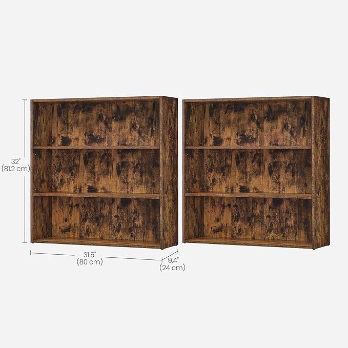 VASAGLE Set of 2 Bookshelves, 31.5 Inches Wide, 3-Tier Open Bookcases with Adjustable Storage Shelves, Floor Standing Units, Rustic Brown ULBC173X01-2
