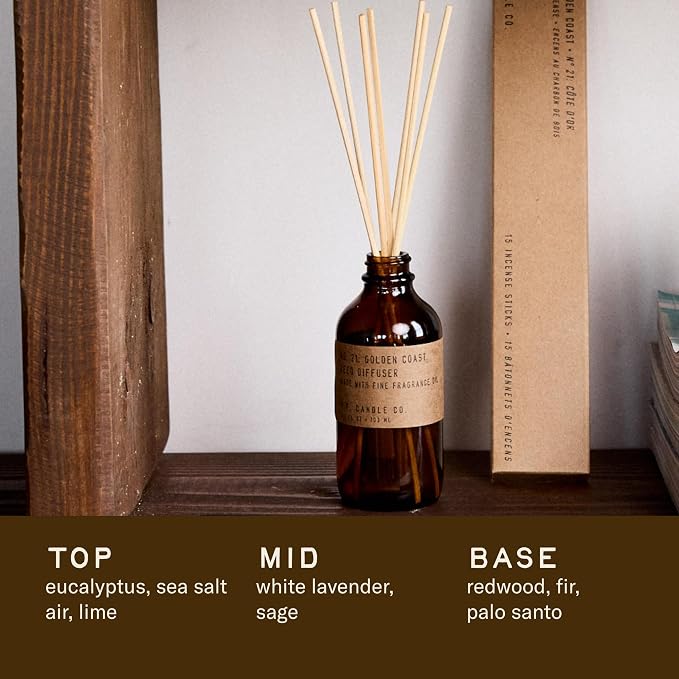 P.F. Candle Co. Golden Coast Classic Scented Rattan Reed Diffuser (3.5 fl oz) Amber Glass Jar, Fine Fragrance Oil, Flame-Free Fragrance, Made in The U.S.A.