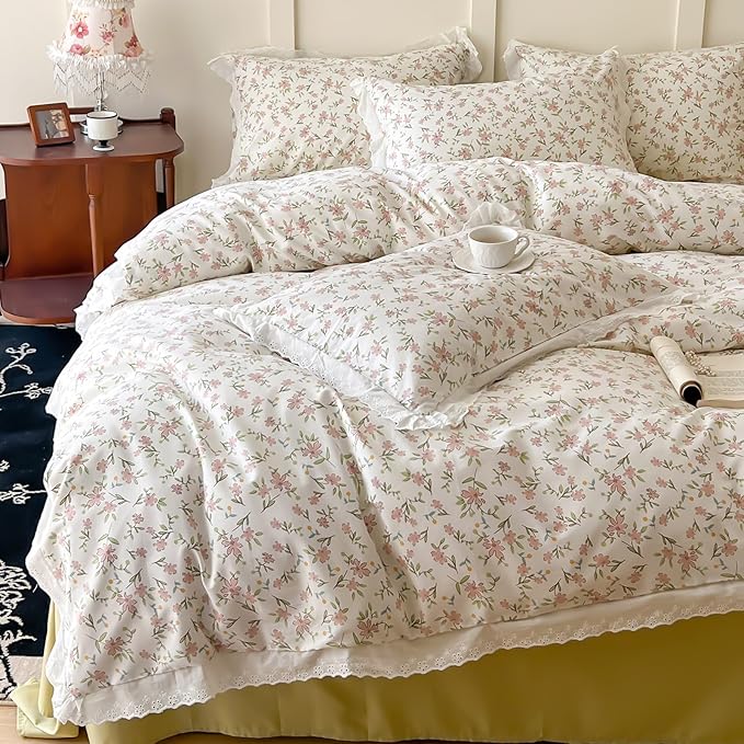 LifeTB Ruffle Duvet Cover Twin 100% Cotton Pink Flower Duvet Cover Girls Princess Lace Bedding Set Vintage Floral Botanical Comforter Cover with Chic White Ruffle Lace Cute Floral Bedding Set Twin