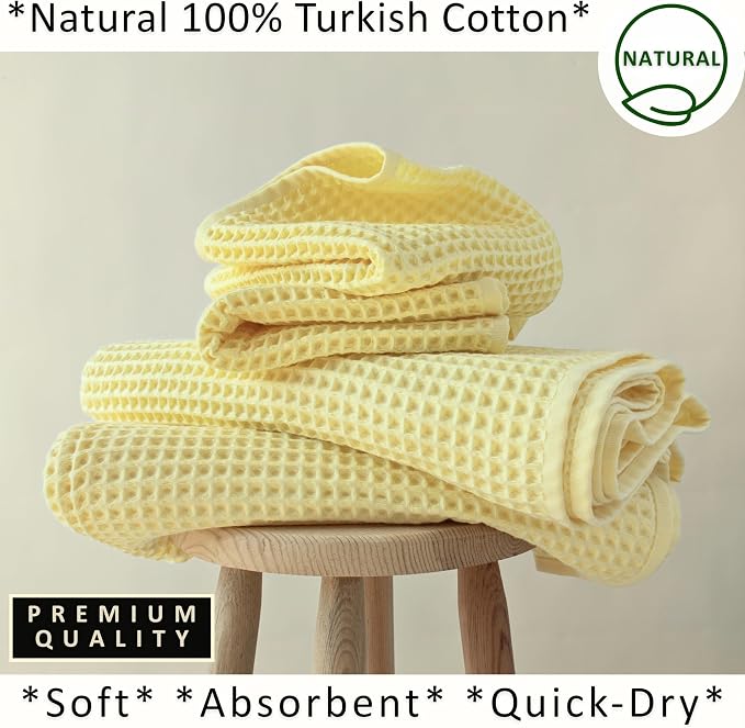 PÜSKÜL 4-Piece Natural 100% Turkish Cotton Luxury Waffle Towels for Bathroom | Premium Honeycomb Weave 2 Hand Towel & 2 Bath Towel Set | Soft Absorbent Quick-Dry Lightweight Towels (Light Yellow)