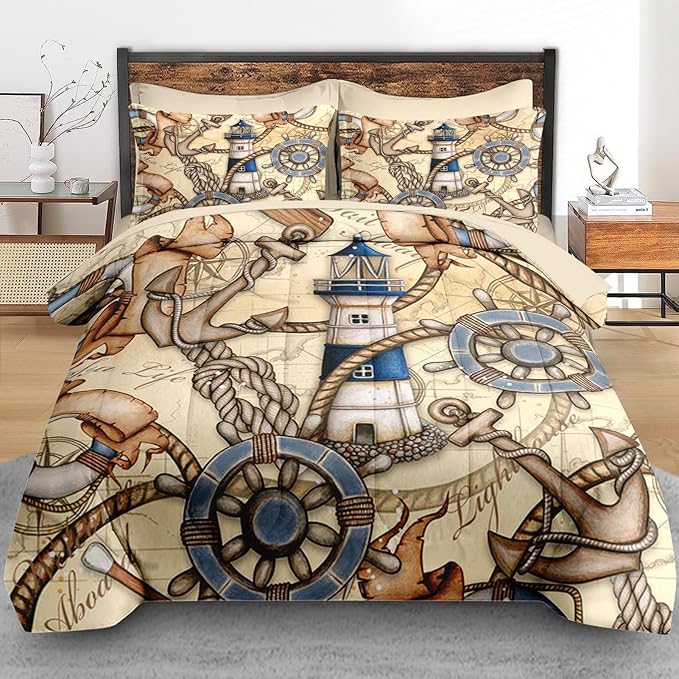 Comforter Set Full Size, Retro Nautical Lighthouse Map 7 Pcs Bedding for Kids and Adults, Vintage Anchor Beige Bed Sheet Sets with Fitted Sheet 2 Pillowcase & 2 Sham for Bedroom Bed Decor