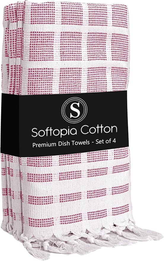 Matrix Dobby Kitchen Towels 4 Pack 100% Cotton, 16x26 Inches, Decorative Tea Towels with Handmade Tassels, Absorbent Reusable Dish Cloths for Kitchen Drying - Burgundy Wine, Natural