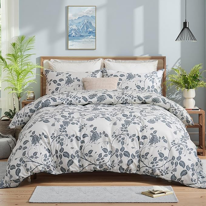 Bedding_Dreamer Comforter Set Queen Size 100% Cotton Comforter Botanical Leaf Comforters Blue Floral Bedding Sets Soft Breathable 3 Pcs