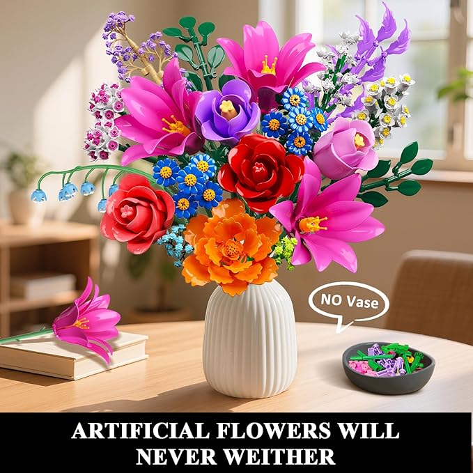 Flowers Bouquet Building Set with LED Light, 21 Flower Botanical Collection Building Block Toy, Rose Lily Home Plant Decor 1054PCS for Her Adults Women Kids Girls 12+ (RED)
