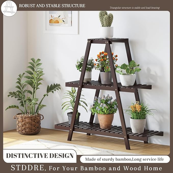 STDDRE Plant Stand For Indoor Outdoor Tiered Plant Shelf 3 Tier 8 Potted Bamboo Flower Holder Ladder Rack For Multiple Triangle Table Plant Pot Stand (Brown)