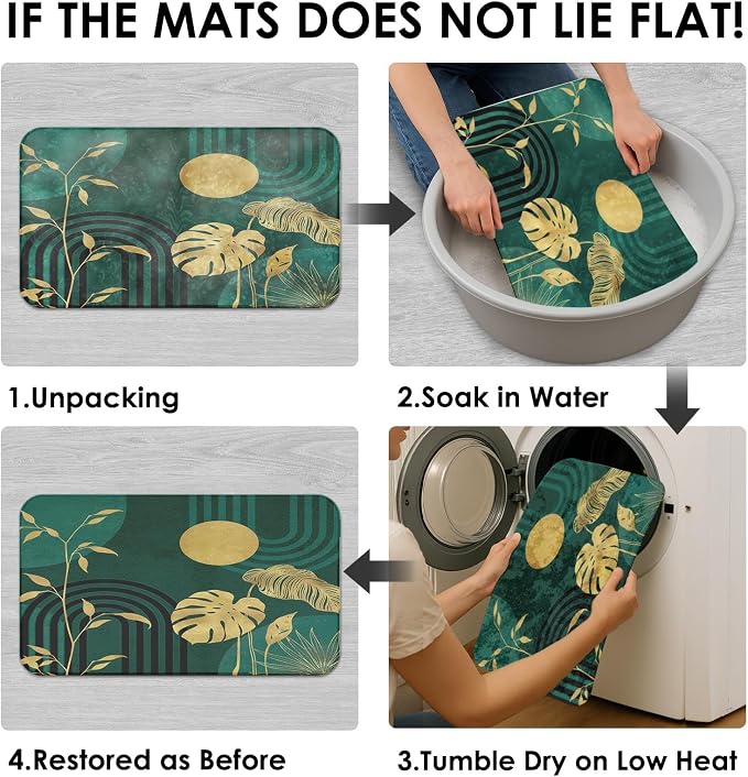 Boho Green Shower Curtain Set with Toilet Lid Cover and Non-Slip Rugs, Tropical Botanical Abstract Green Gold 4 Pcs Modern Minimalist Vintage Shower Curtain for Bathroom Set with 12 Hooks