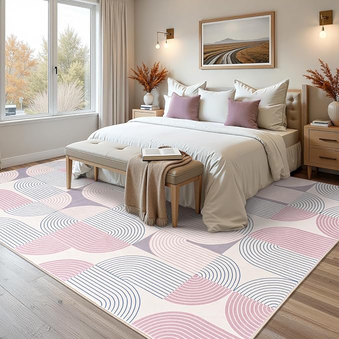 Large 8x10 Area Rugs Living Room-Soft Modern Geometric Pink Rug for Bedroom, Washable Non-Slip Indoor Floor Boho Abstract Carpet for Dining Room Nursery Home，Pink/Purple