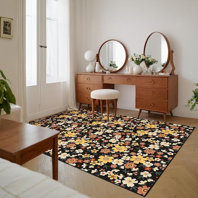 9x12 Area Rug Washable Modern Floral Rug for Living Room Low Pile Soft Bedroom Rugs Non Slip Modern Indoor Large Carpet Thin Foldable Floral Carpet for Nursery Dining Playroom, Black