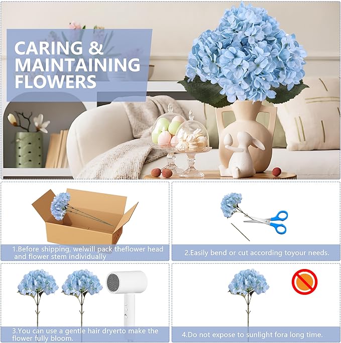 4 Pcs Long Stem Big Size Artificial Hydrangea Flowers for Home Wedding Decor, Party Centerpieces, Office Decoration,Shower (Sky Blue)