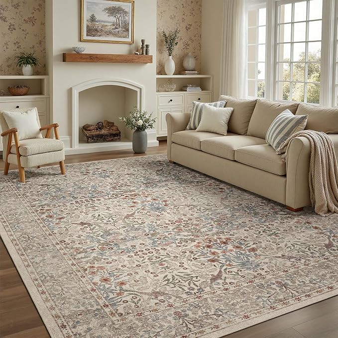 DCX Beige Area Rugs 9x12, Machine Washable Non Slip Stain Resistant Soft Vintage Floral Rug, for Living Room, Bedroom, Playroom, Soft Low Pile Large Carpet