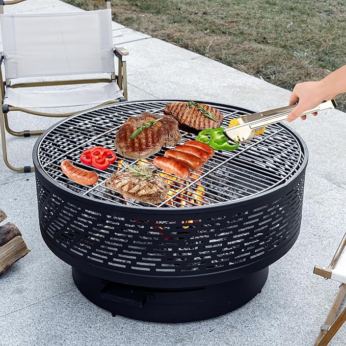 OutVue 32" Wood Burning Fire Pits with Grill & Lid, Fire Pit Table for Outside with Waterproof Cover & Fire Poker, Outdoor Firepit with Functions for BBQ,Table and Bonfire
