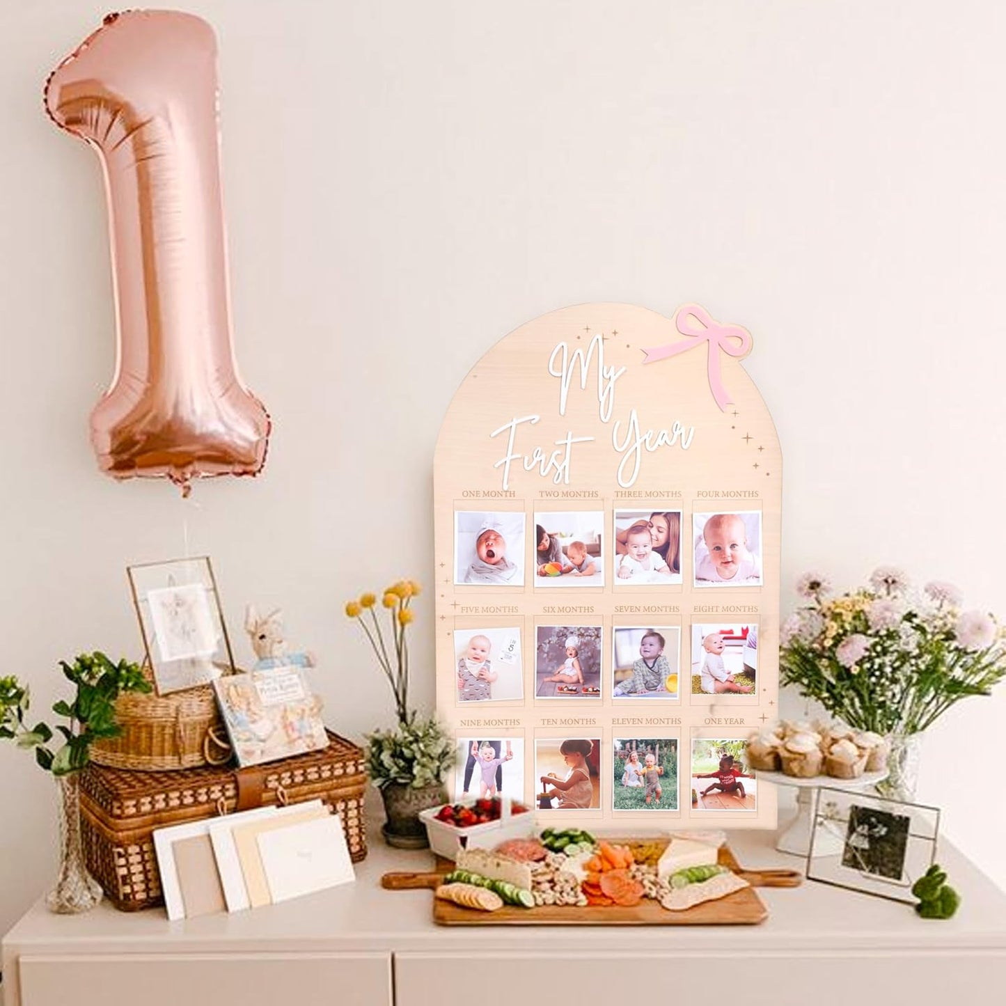 WAUAO My First Year Birthday Board - Monthly Milestone Wood Photo Display for Girls | 12 Months of Memories