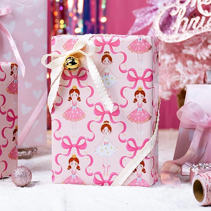 Homeral Pink Ballerina Christmas Wrapping Paper Roll - Ballet Princess with Bowknots and Snowflakes & Heart Pattern Reversible Gift Wrap for Christmas, Girls Birthday - Mini Roll - 17 Inch x 33 Feet