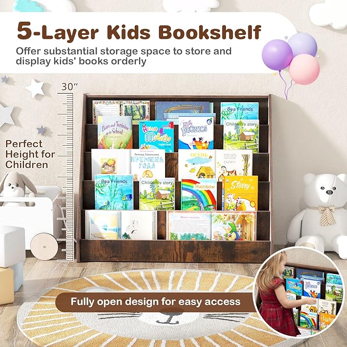HONEY JOY Kids Bookshelf, 5-Tier Wooden Toddler Bookcase, Children Book Rack & Magazine Display Shelf, Toy Storage Organizer, Book Shelf for Kids Rooms, Playroom, Nursery, Classroom (Rustic Brown)