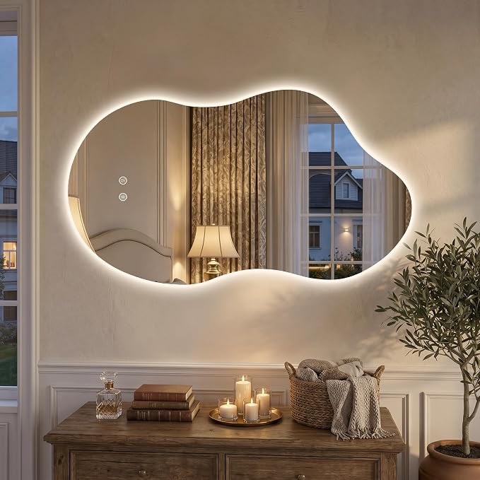 Irregular Backlit Bathroom Mirror with Lights 40 x 24, Asymmetrical Cloud Led Lighted Vanity Mirror for Wall, Anit-Fog, Dimmable, (Horizontal/Vertical)
