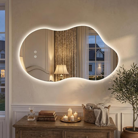 Irregular Backlit Bathroom Mirror with Lights 40 x 24, Asymmetrical Cloud Led Lighted Vanity Mirror for Wall, Anit-Fog, Dimmable, (Horizontal/Vertical)