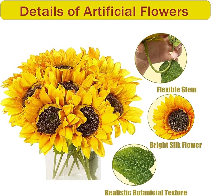 10PCS Sunflowers Artificial Flowers, Fake Silk Sunflower with Long Stem, Artificial Sunflowers for Fall Home Decor, Baby Shower, Wedding Decor and Cemetery Flowers Decor