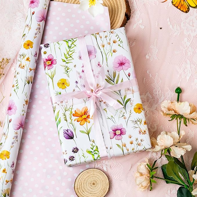 Burymento Flowers Wrapping Paper, Reversible Wave Point Gift Wrap for Birthday, Valentines, Mothers day, Graduation, Wedding, Fathers day, Baby Shower, Christmas (17in x 16.4ft)