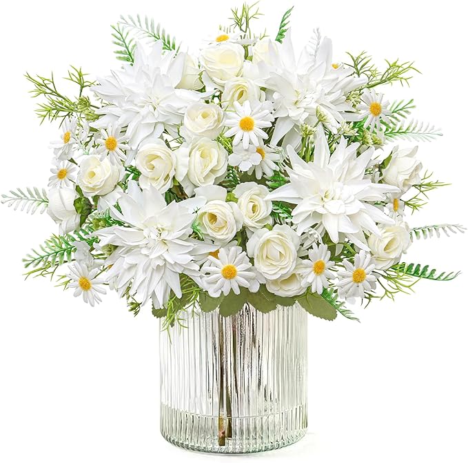 2PCS Artificial Flowers Dahlia Bouquet Fake Flowers White Silk Roses Daisies Faux Floral Arrangements for Dining Table Centerpieces for Kitchen Bridal Bouquet Wedding Party Home Decor