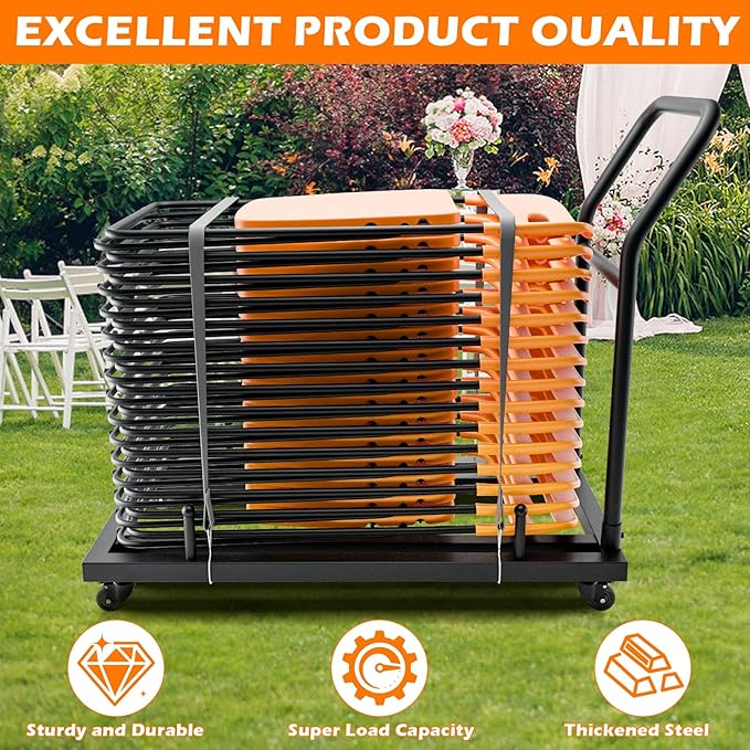 Heavy-Duty Folding Chair Rack Storage Cart - Holds 25-28 Chairs, 300 LB Capacity with Locking Wheels & Space-Saving Vertical Design, Matte Black