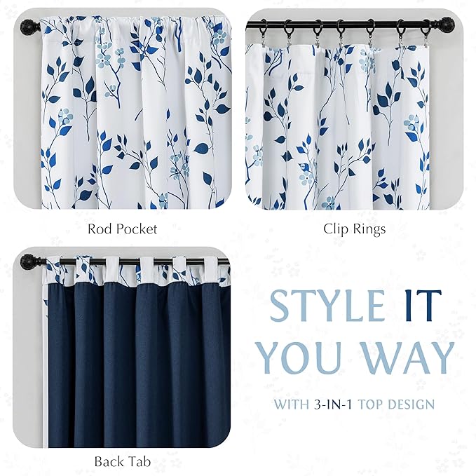 Beauoop Floral 100% Blackout Curtains 84 Inches Long 2 Panels for Bedroom Living Room Navy Blue and White Flower Patterned Room Darkening Thermal Soundproof Rod Pocket Back Tab Window Drapes, 52X84