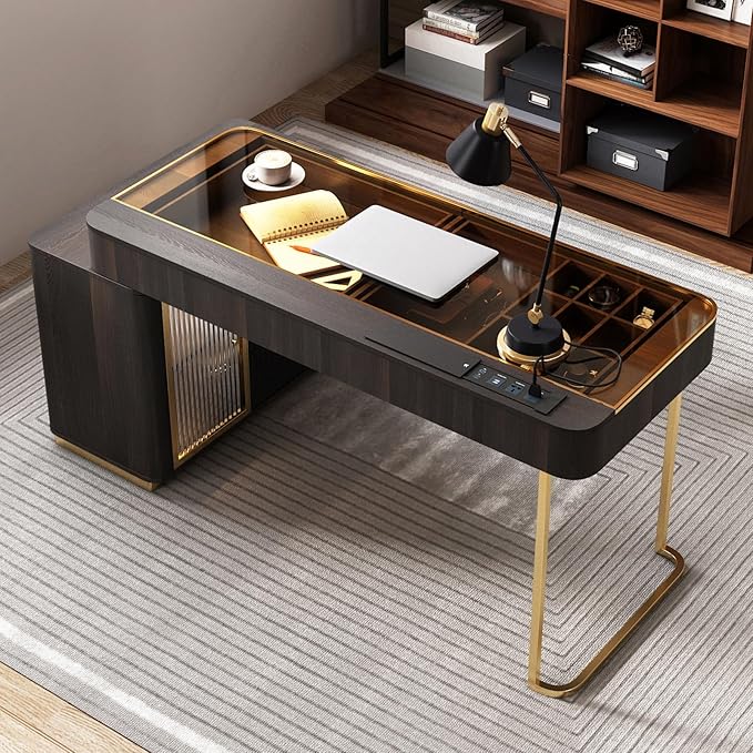 Lartis Office Desk, Very Easy to Assemble, Computer Desk, Home Telescopic Writing Desk, Modern Computer Desk with Retractable Cabinet Built-in LED Lights (Black Brown, 50 in)