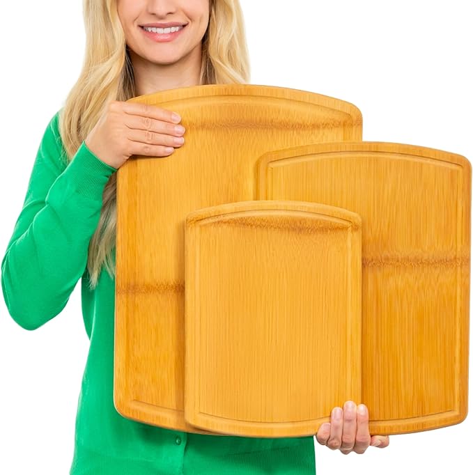 Bamboo Cutting Boards for Kitchen with Glue-Free Surface and Lifetime Replacements – Organic Wooden Chopping Board with Juice Grooves for Carving & Serving, Non Toxic & Durable by Greener Chef