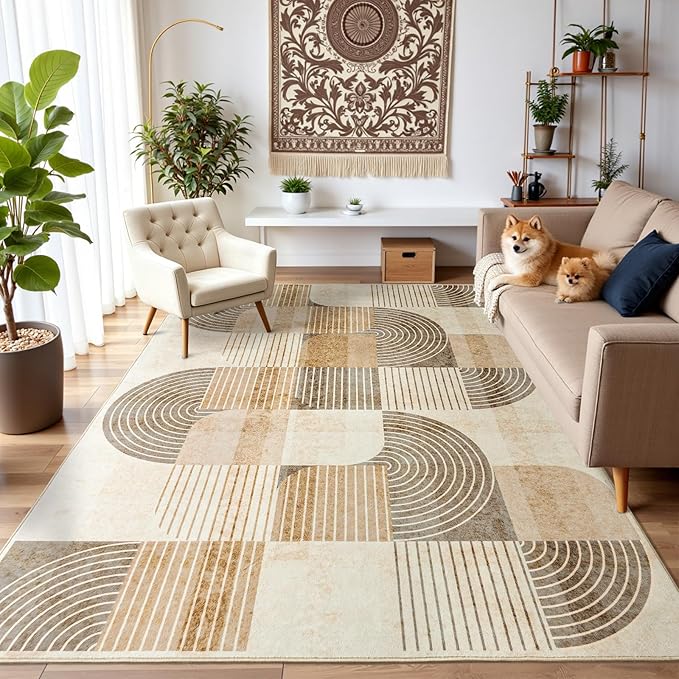 8x10 Area Rugs for Living Room-Washable Modern Geometric Neutral Beige Rug, Soft Non-Slip Indoor Floor Abstract Carpet for Bedroom Dining Room Nursery Office Home Decor