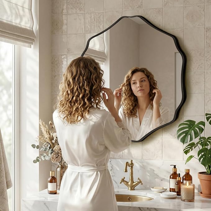 Irregular Hexagon Wall Mirror with Wavy Edge, Modern Decorative Mirror for Bathroom, Bedroom, Living Room, Frameless Vanity Mirror