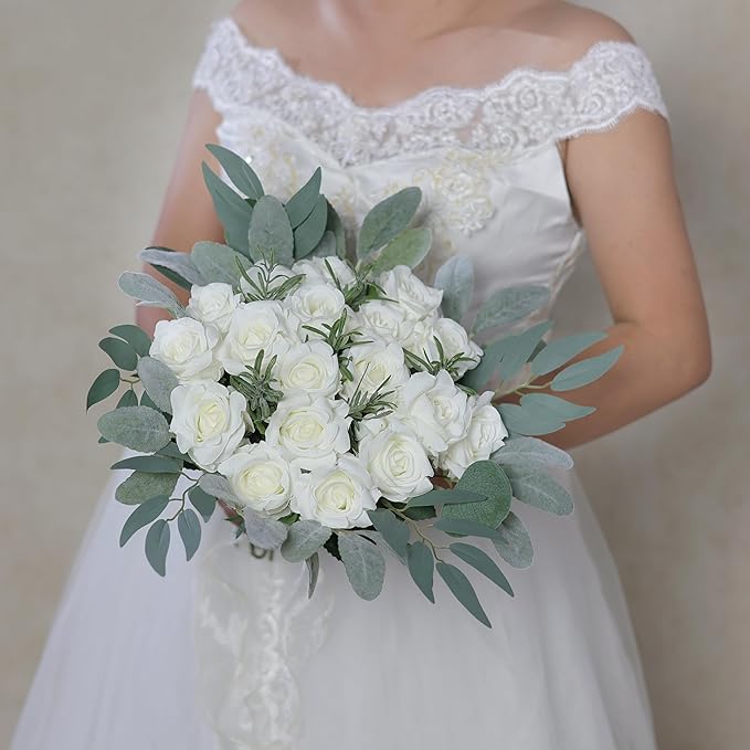 FOTEEWL 60 Pcs Artificial Rose Flower Realistic Faux Silk Roses Stem Fake Roses Bouquet for Flower Arrangement,Wedding Centerpieces,Party,Home Decorations (White)