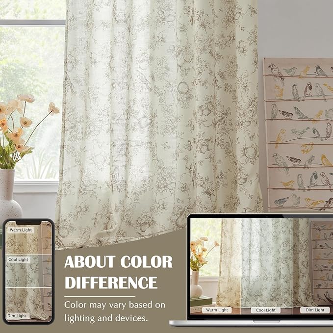 jinchan Linen Floral Curtains for Living Room 63 Inch Length Taupe Printed Flower French Country Curtain Farmhouse Cottage Core Toile Curtains Back Tab Light Filtering Window Drapes Set 2 Panels