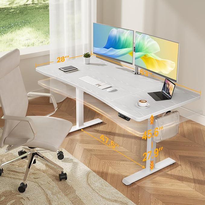 Veken 63 x 28 Inch Electric Standing Desk, Sit to Stand Up, Work Home Office Computer Table for Study, Walking Pad, Writing, and Games, Wooden Desktop Desks, White