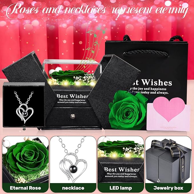 Christmas Birthday Gifts for Women - Preserved Real Rose with I Love You Heart 100-Language Necklace, LED Lights & Music Gift Box, Christmas for Women Girlfriend Mom