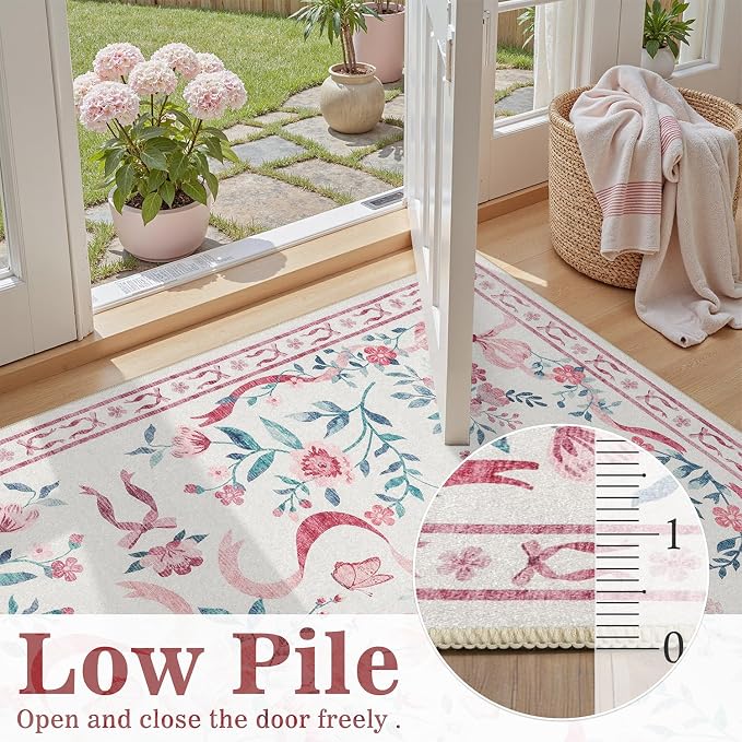 DCX Pink 2x6 Runner Rug, Machine Washable with Non Slip Backing Vintage Floral Hallway Bow Rug Soft Low Pile Stain Resistant, Kitchen, Bathroom, Front Door