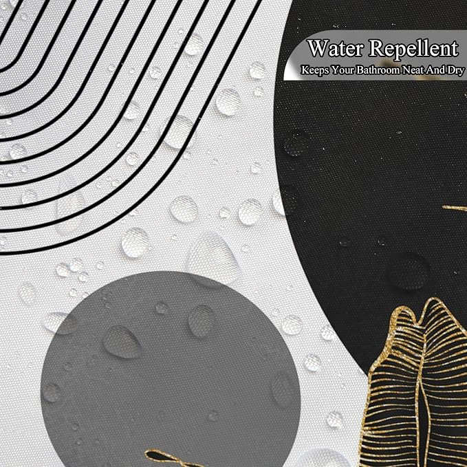 Mid Century Boho Shower Curtain, Abstract Modern Sun Minimalist Aesthetic Shower Curtain, Bohemian Geometric Arch Curve Leaves Neutral Art Fabric Bathroom Curtains Black 72x72 inch