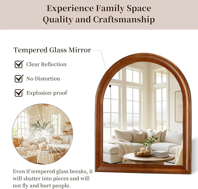 Tanmicoshomy Wood Arched Bathroom Mirror for Wall 30x36 Inch, Wall Mirrors with Tempered Glass for Living Room, Bedroom or Entryway