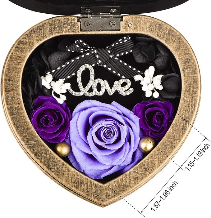 Handmade Preserved Flower Real Purple Rose in Musical Box with Photo Frame, Mother's Day Long Lasting Real Flower Gifts for Her Women Wife on Valentine's Day Birthday or Anniversary -Purple