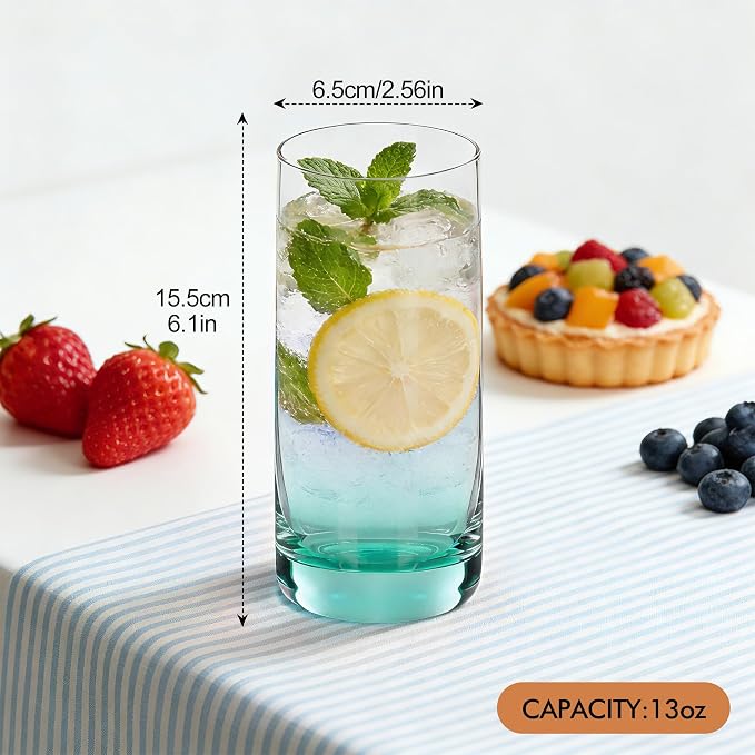 Green Highball Glasses Set of 6,13oz Drinking Glass Cups for Mixed Drink Cocktail, Beer, Mojito, Water and Juice,Thick Tall Crystal Glassware for Kitchen, Restaurant, Home Bar and Parties