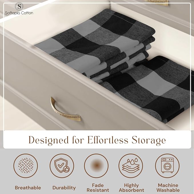 12 Pack Light Grey and Black Buffalo Check Kitchen Towels, 16"x26", Plaid Dish Towels, Absorbent Cotton Cloths for Drying Hands, Cleaning Spills, Farmhouse Kitchen Décor, Holiday