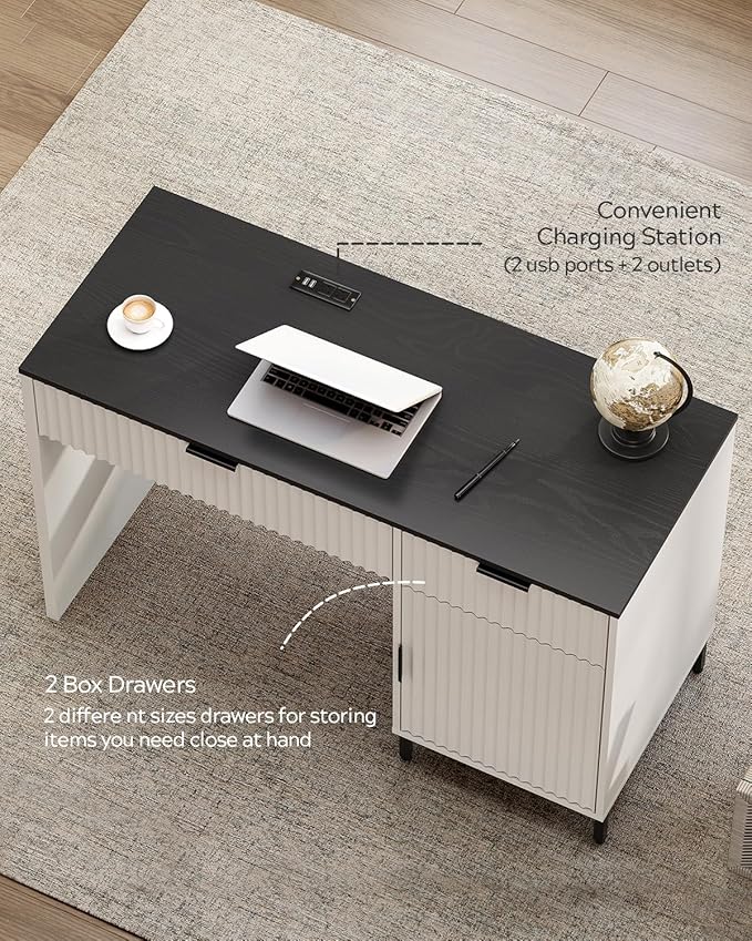 47" Fluted Executive Desk, Modern Wood Home Office Desk with Charging Station, Drawer & Cabinet, Computer Writing Desk for Work Study, White and Black