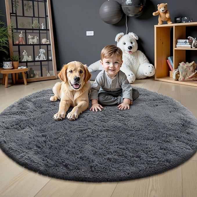 OLANLY Grey Round Rugs for Bedroom - Machine Washable, 6 ft Circle Area Rugs for Living Room, Soft and Fluffy Shaggy Carpet for Teen Girls and Boys, Nursery Rooms, Dorms, Home Decor Aesthetic