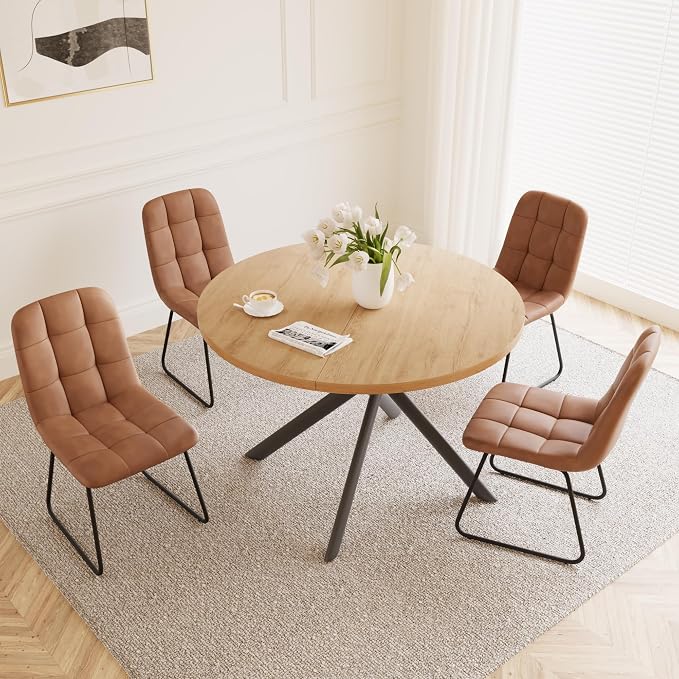 HIPIHOM 45.3 Inch Round Dining Table Set for 4, Mid Century Modern Small Kitchen Coffee Set for Dining Room Kitchen Apartment (Oak Table + 4 U-Shaped Brown Chairs)