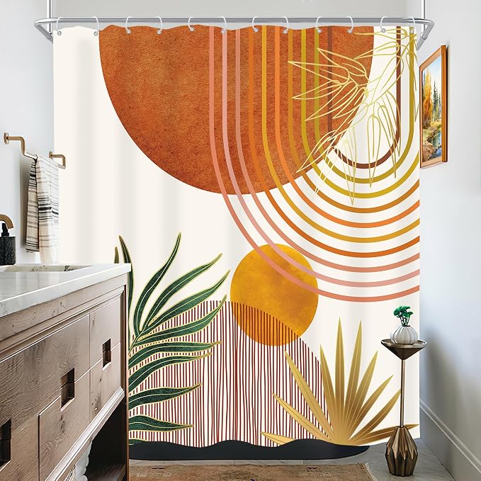 KOMLLEX Mid Century Orange Boho Shower Curtain 72Wx72L Inches Abstract Modern Shower Curtains for Bathroom Decor Plant Botanical Minimalist Arch Sun Fabric Liner Waterproof Polyester 12 Pack Hooks