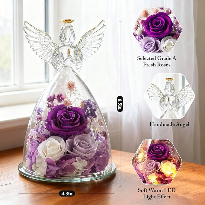 Christmas Roses Gifts for Mom,Preserved Real Flowers Roses in Glass Angel Figurines, for Grandma Women Mom Wife Mother in Law/Purple
