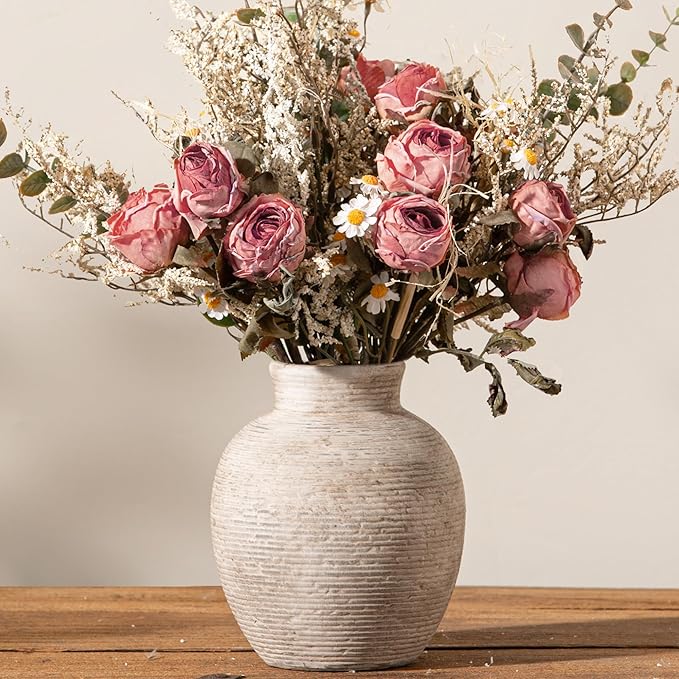 Ceramic Flower Vase Home Decor - Small Farmhouse Table Vases Rustic Vintage Living Room Kitchen Bedroom Decorations for House Book Shelf Office Coffee Desk Dining Fireplace (6" Retro)