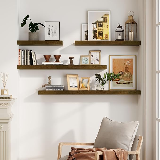 Solid Wood Floating Shelves For Wall, 55”W x 9”D x 1.56”H Large Wall Shelves for Living Room Bedroom Bathroom Kitchen Drcor Storage with Invisible Heavy-Duty Metal Bracket, Light Brown, Set of 1